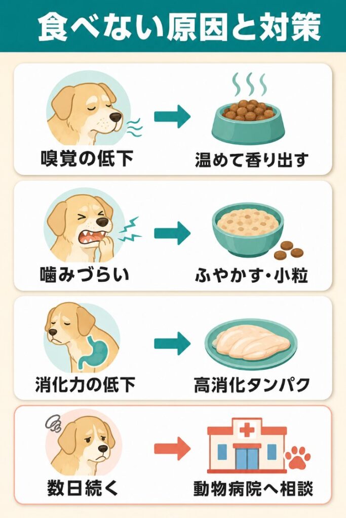 シニア犬がフードを食べないときの原因（嗅覚の低下・噛みづらさ・消化力の低下・数日続く場合）と対応する対策を整理した図
