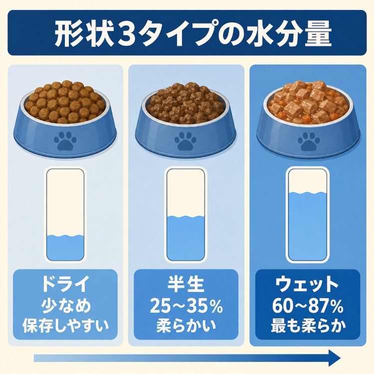 シニア犬用フードのドライ・半生・ウェット3タイプの水分量と特徴を比較した図