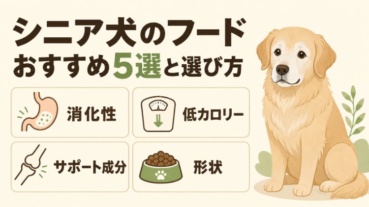 シニア犬のフードおすすめ5選と選び方の4つの軸（消化性・低カロリー・サポート成分・形状）を示したアイキャッチ画像